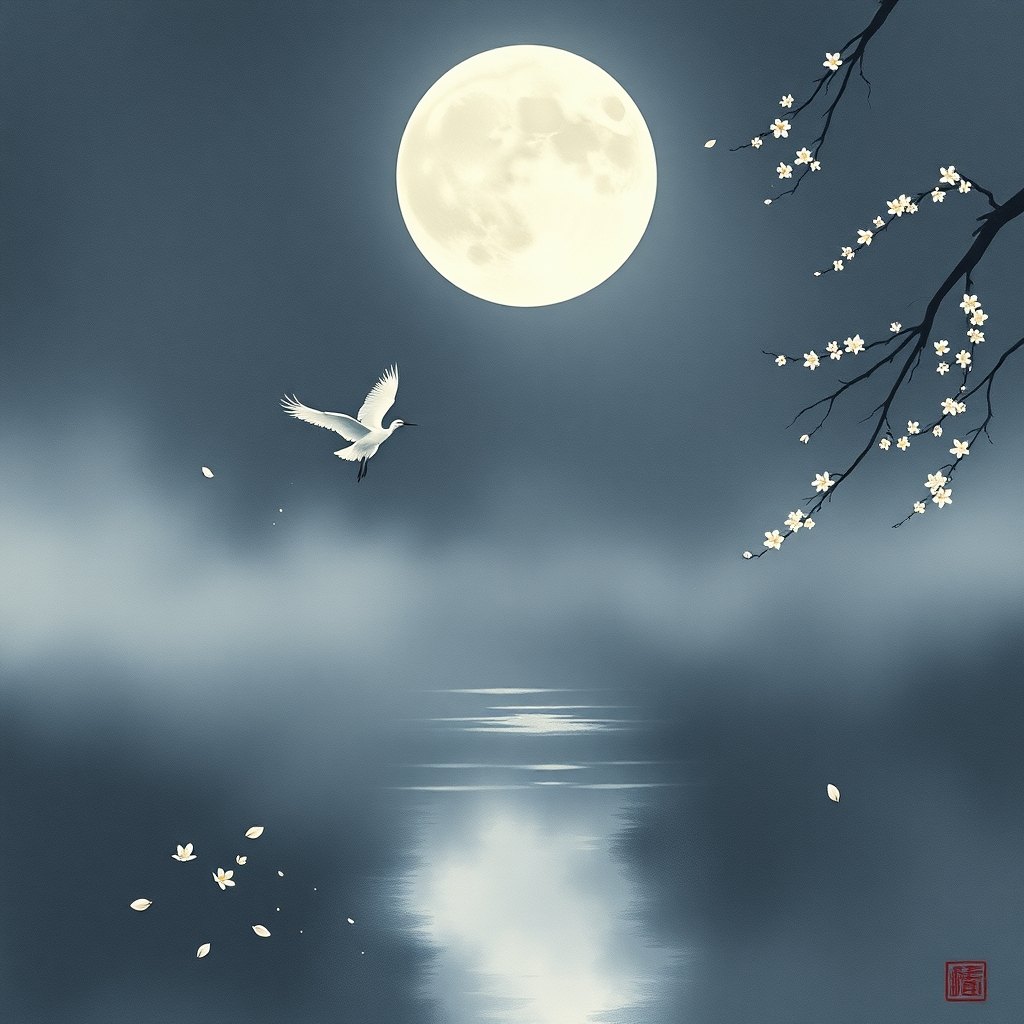 寒塘鹤影：冷月下白鹤低飞，花瓣落于塘面