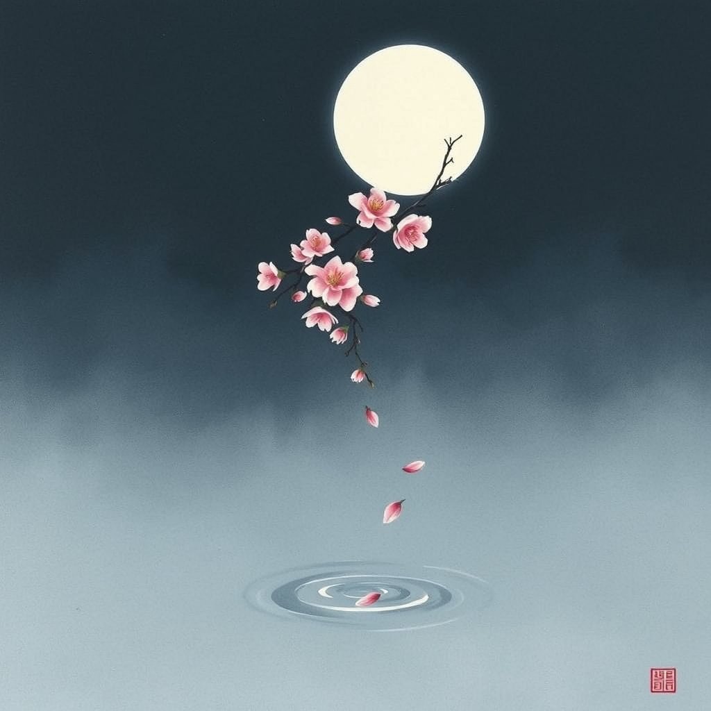 月下花枝：花枝独立，花瓣落入涟漪